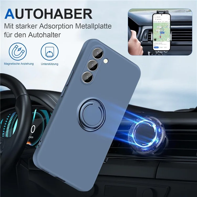 For Samsung Galaxy S24+ Liquid Silicone Case Ring Kickstand Phone Cover - Grey