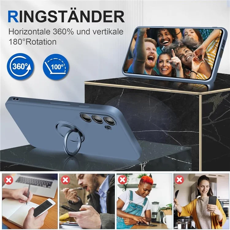For Samsung Galaxy S24+ Liquid Silicone Case Ring Kickstand Phone Cover - Grey