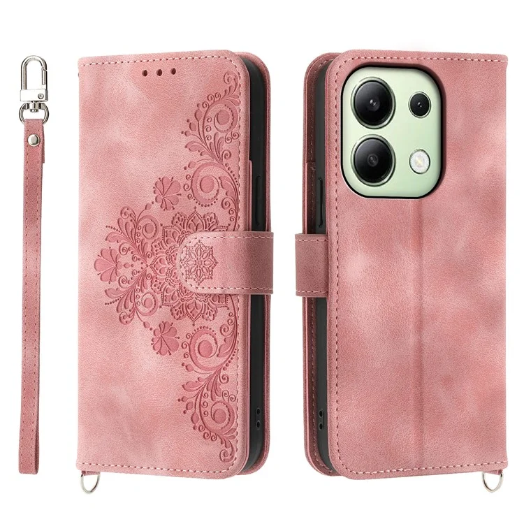 For Xiaomi Redmi Note 13 4G Leather Case Flower Pattern Cover Multiple Card Slots - Pink