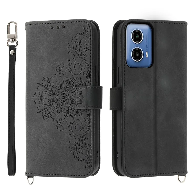 For Motorola Moto G45 5G / G34 5G Wallet Phone Case Flower Pattern Leather Cover with 2 Straps - Black