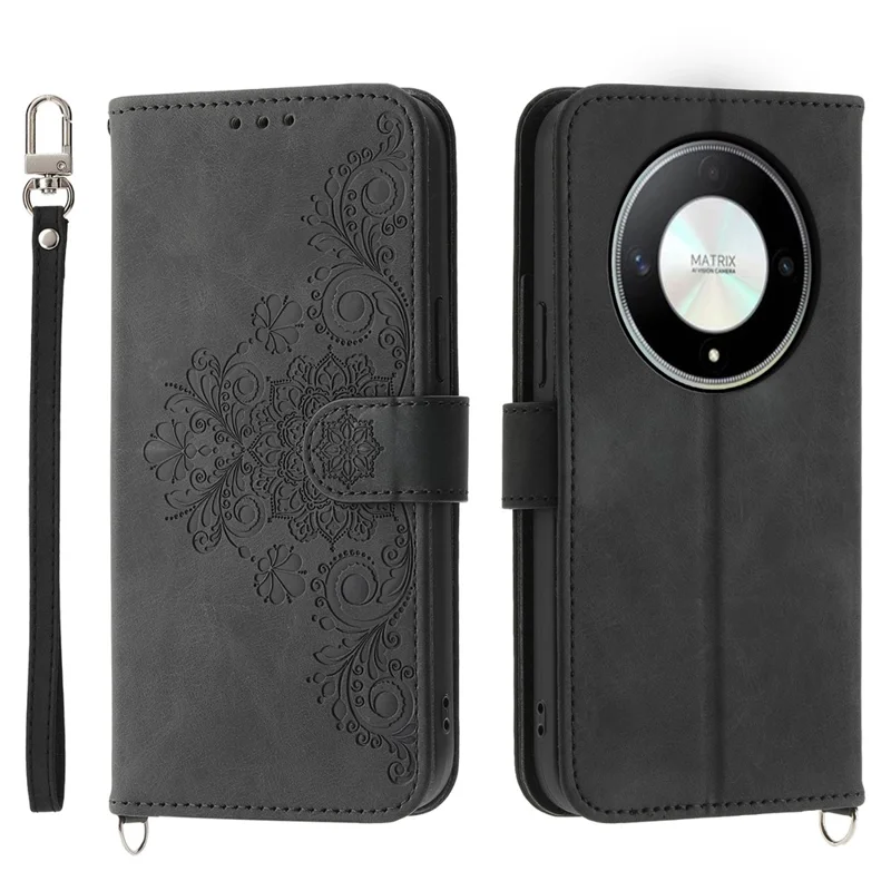 For Honor X9b 5G / Magic6 Lite 5G Leather Case Wallet Cover with Hand Strap and Shoulder Strap - Black