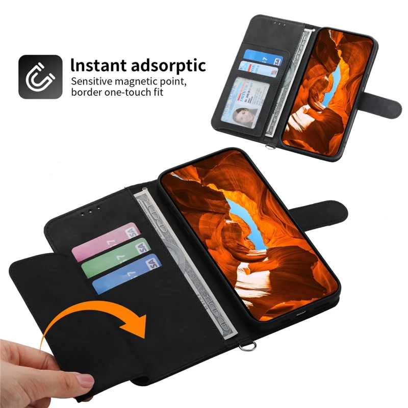 For Honor X9b 5G / Magic6 Lite 5G Leather Case Wallet Cover with Hand Strap and Shoulder Strap - Black