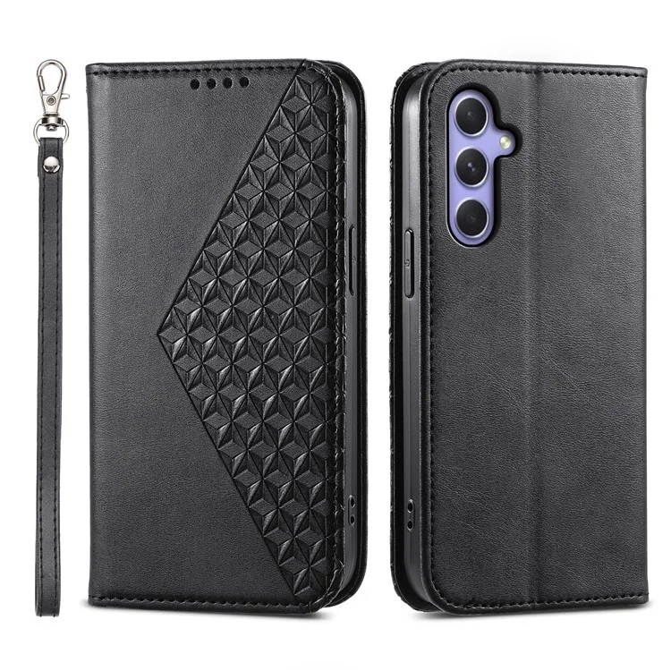 Funda de cuero con tapa y billetera para Samsung Galaxy A55 5G, diseño de rombos grabado - Negro