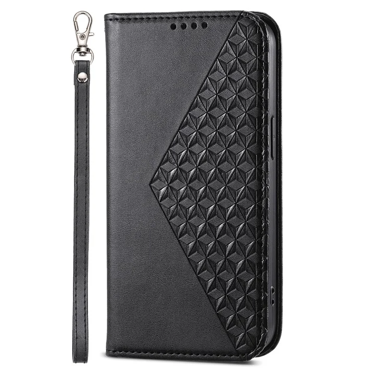 Funda de cuero con tapa y billetera para Samsung Galaxy A55 5G, diseño de rombos grabado - Negro