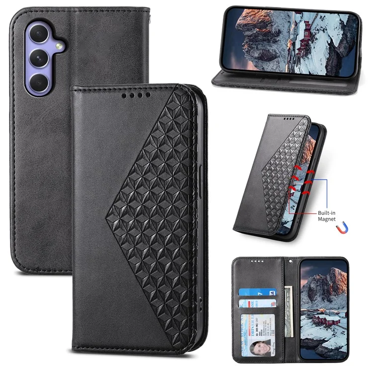 Funda de cuero con tapa y billetera para Samsung Galaxy A55 5G, diseño de rombos grabado - Negro