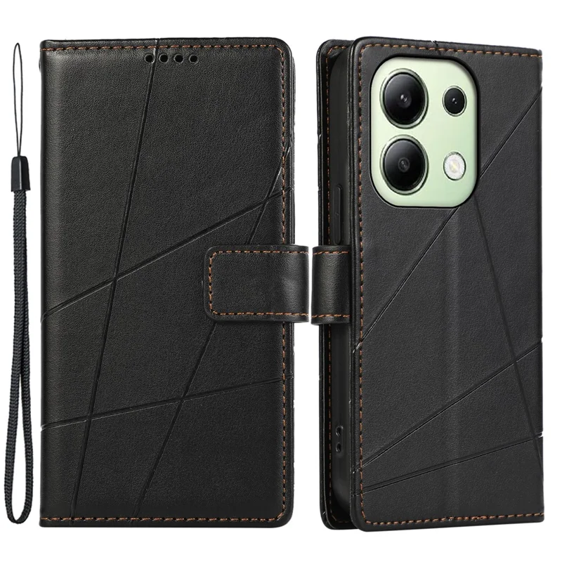 DF-06 For Xiaomi Redmi Note 13 4G Leather Case Line Imprinted Folio Cover - Black