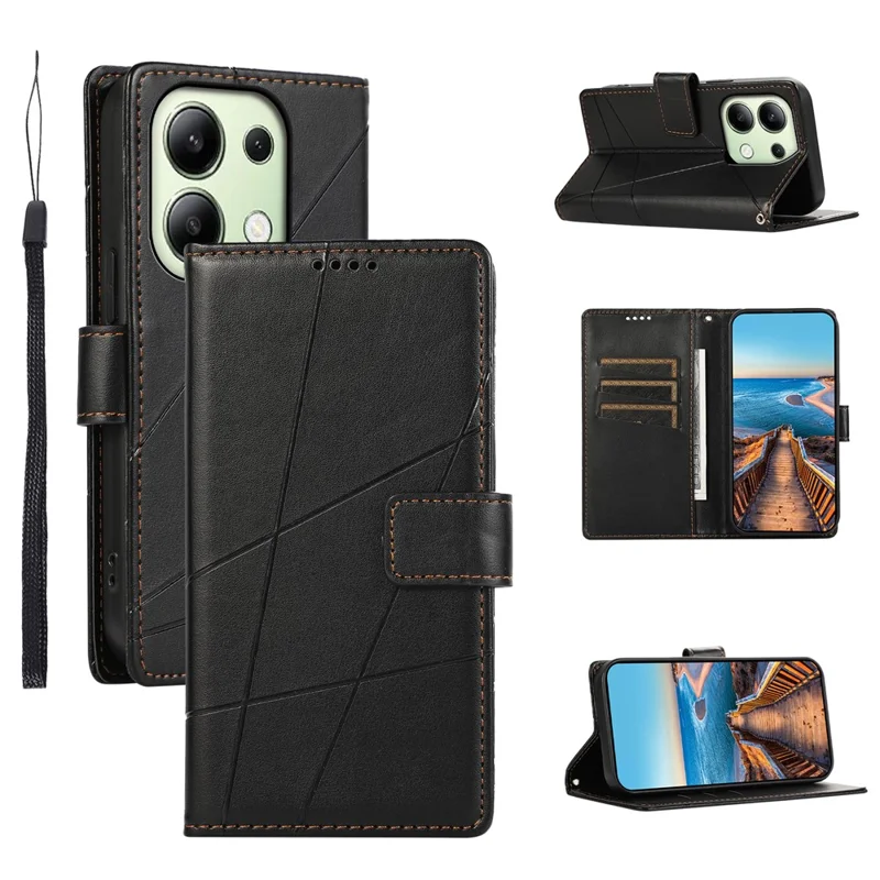 DF-06 For Xiaomi Redmi Note 13 4G Leather Case Line Imprinted Folio Cover - Black
