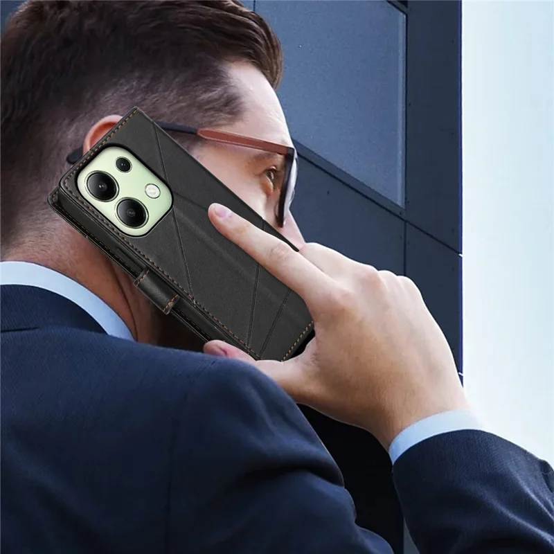 DF-06 For Xiaomi Redmi Note 13 4G Leather Case Line Imprinted Folio Cover - Black