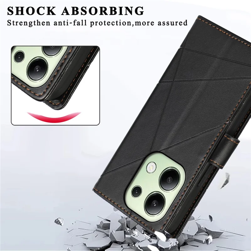 DF-06 For Xiaomi Redmi Note 13 4G Leather Case Line Imprinted Folio Cover - Black