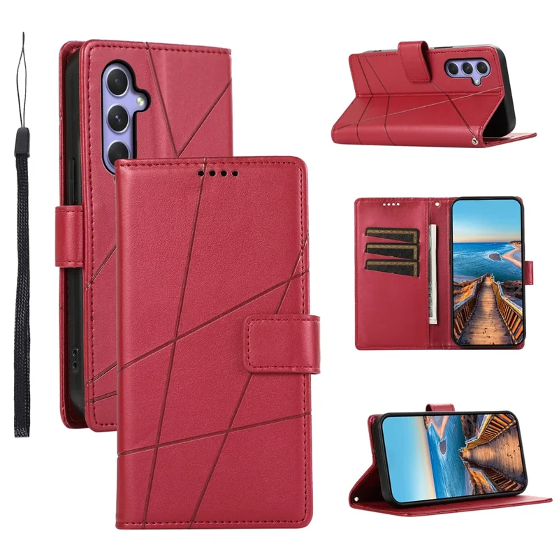 DF-06 For Samsung Galaxy A55 5G Wallet Case Line Imprinted Leather Phone Cover - Red