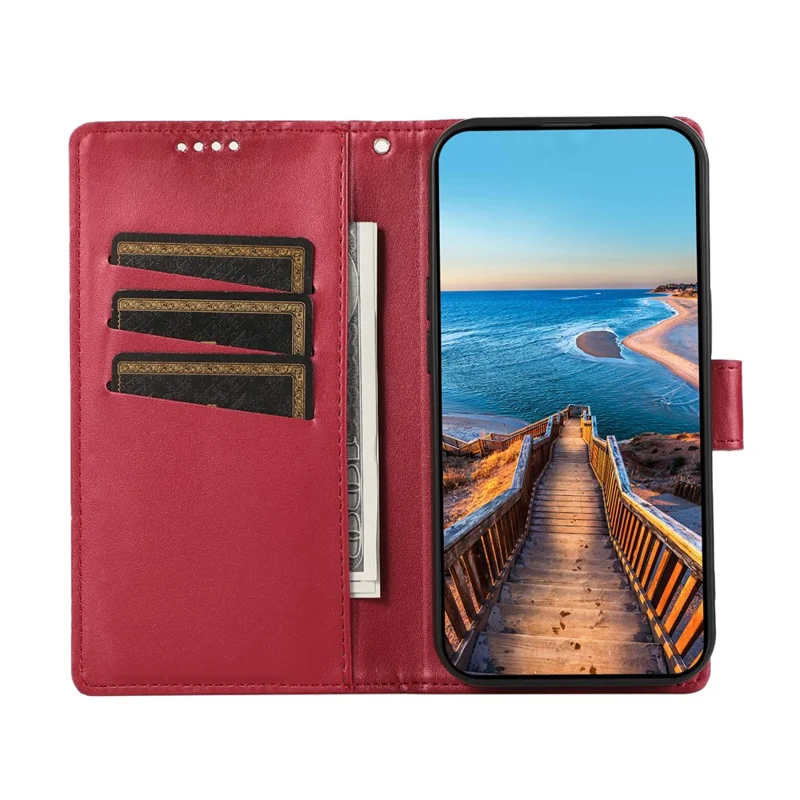 DF-06 For Samsung Galaxy A55 5G Wallet Case Line Imprinted Leather Phone Cover - Red