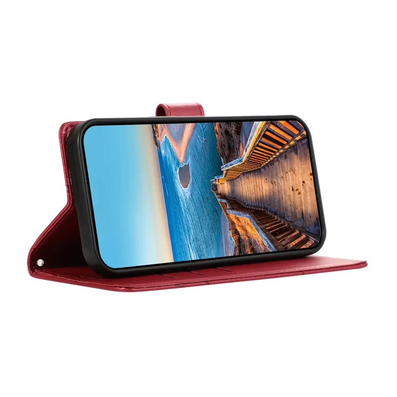 DF-06 For Samsung Galaxy A55 5G Wallet Case Line Imprinted Leather Phone Cover - Red