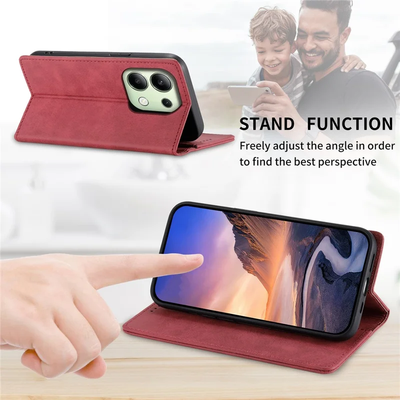 DF-05 For Xiaomi Redmi Note 13 4G Wallet Case Magnetic Auto Closing Phone Cover - Red