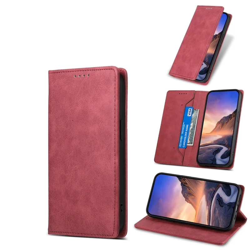 DF-05 For Xiaomi Redmi Note 13 4G Wallet Case Magnetic Auto Closing Phone Cover - Red