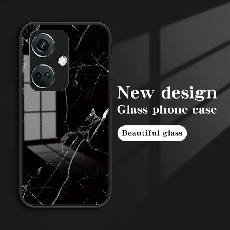 For OnePlus Nord CE3 5G Marble Pattern Case Tempered Glass Phone Cover - Black Marble