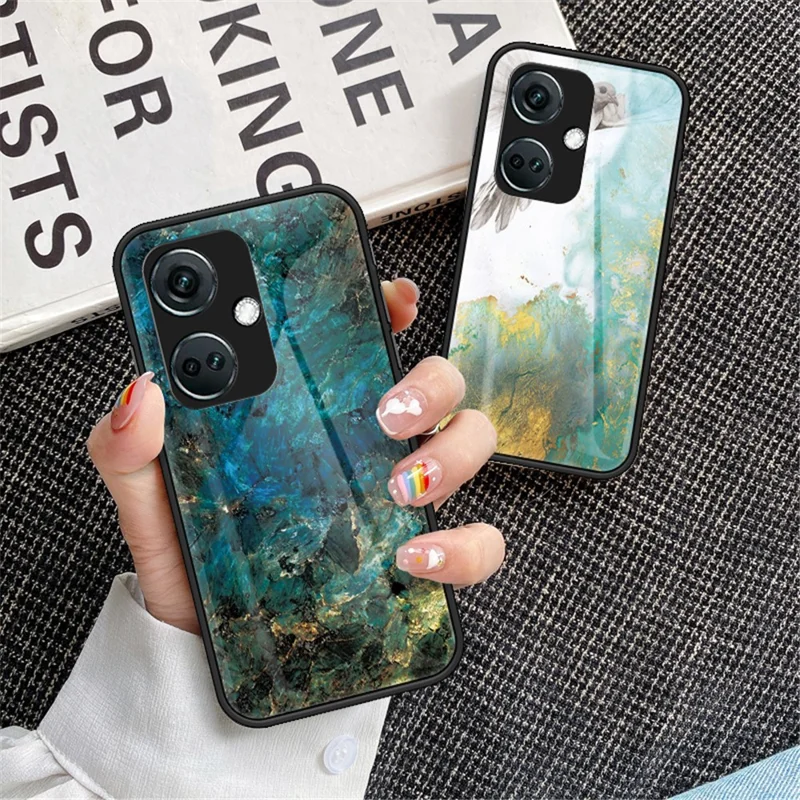 For OnePlus Nord CE3 5G Marble Pattern Case Tempered Glass Phone Cover - Black Marble