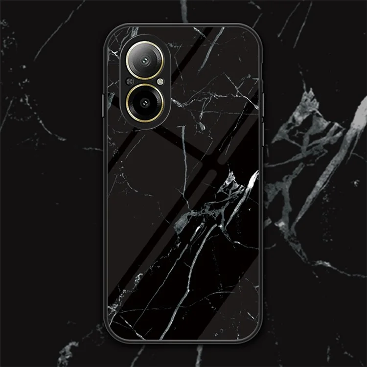 For Realme C67 4G Tempered Glass Case Marble Pattern Anti-drop Phone Cover - Black Marble