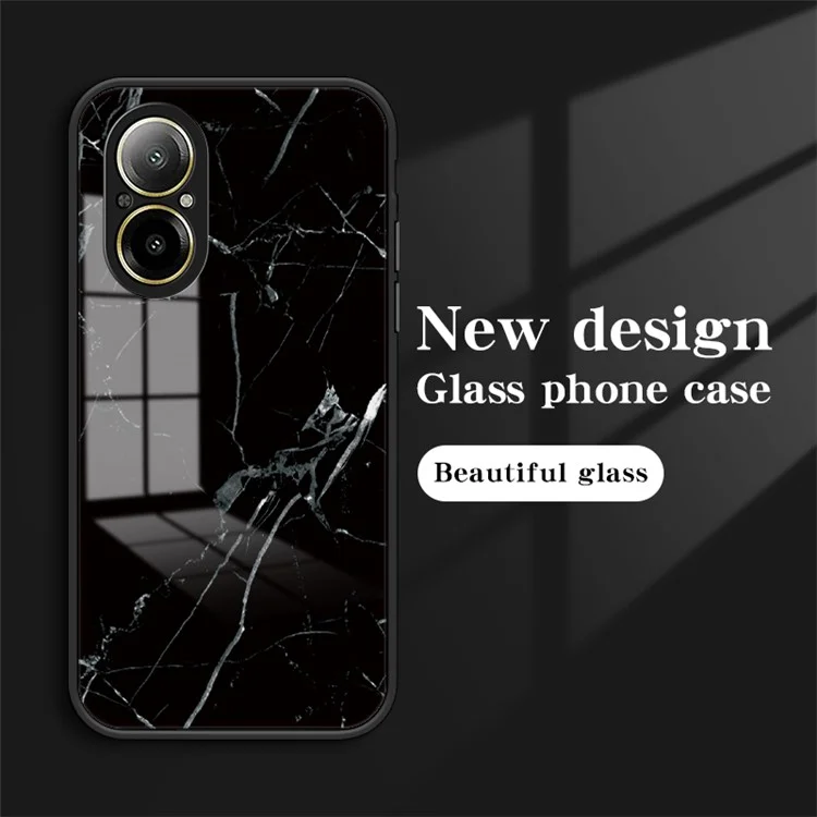 For Realme C67 4G Tempered Glass Case Marble Pattern Anti-drop Phone Cover - Black Marble
