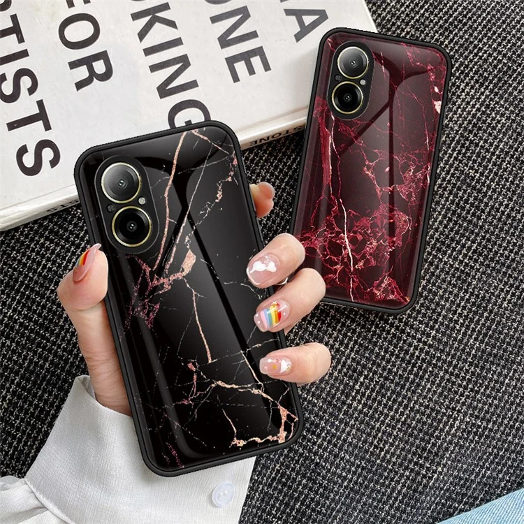 For Realme C67 4G Tempered Glass Case Marble Pattern Anti-drop Phone Cover - Black Marble