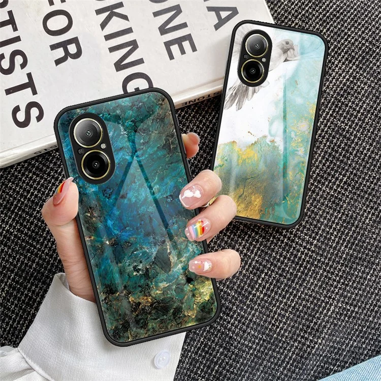 For Realme C67 4G Tempered Glass Case Marble Pattern Anti-drop Phone Cover - Black Marble