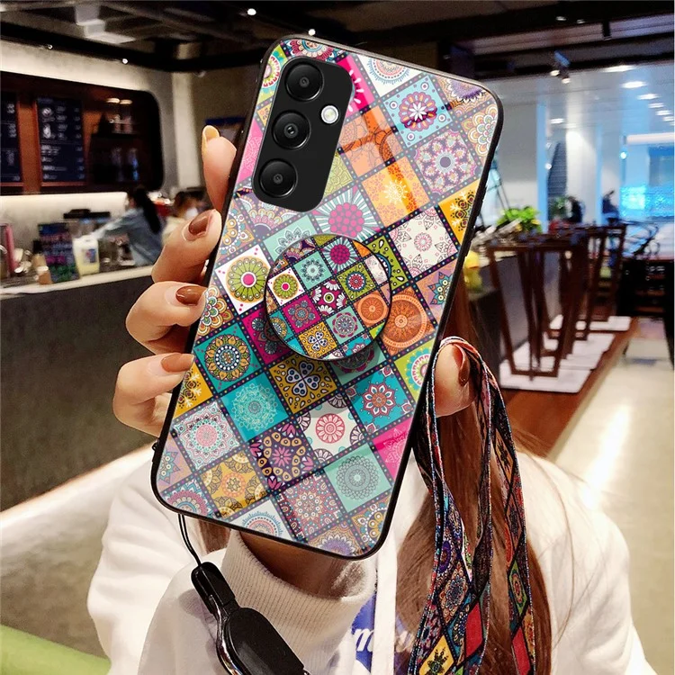 Für Samsung Galaxy A35 5G Kickstand Case Tempered Glass+PC+TPU Phone Cover - Kariertes Muster