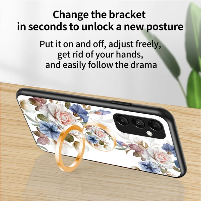 Til Samsung Galaxy A35 5G Hærdet Glas Case med Ringstativ Telefonbeskyttelse - Kinesisk Rose
