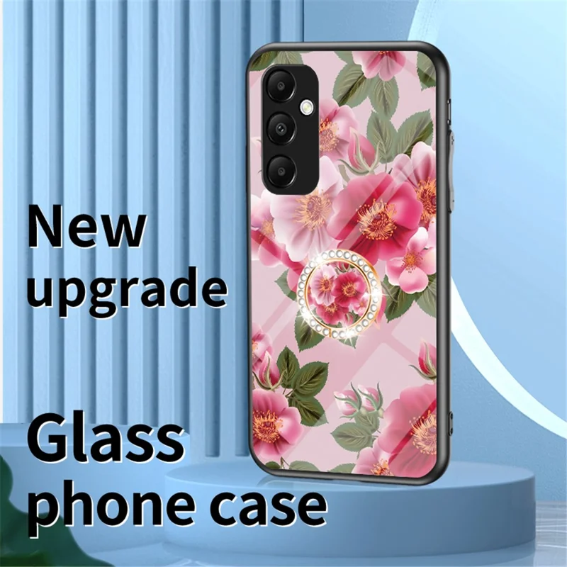 Til Samsung Galaxy A35 5G Hærdet Glas Case med Ringstativ Telefonbeskyttelse - Kinesisk Rose