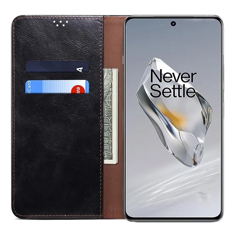 For OnePlus Ace 3 5G / 12R 5G Case Waxy Crazy Horse Texture PU Leather Cover Phone Wallet - Black