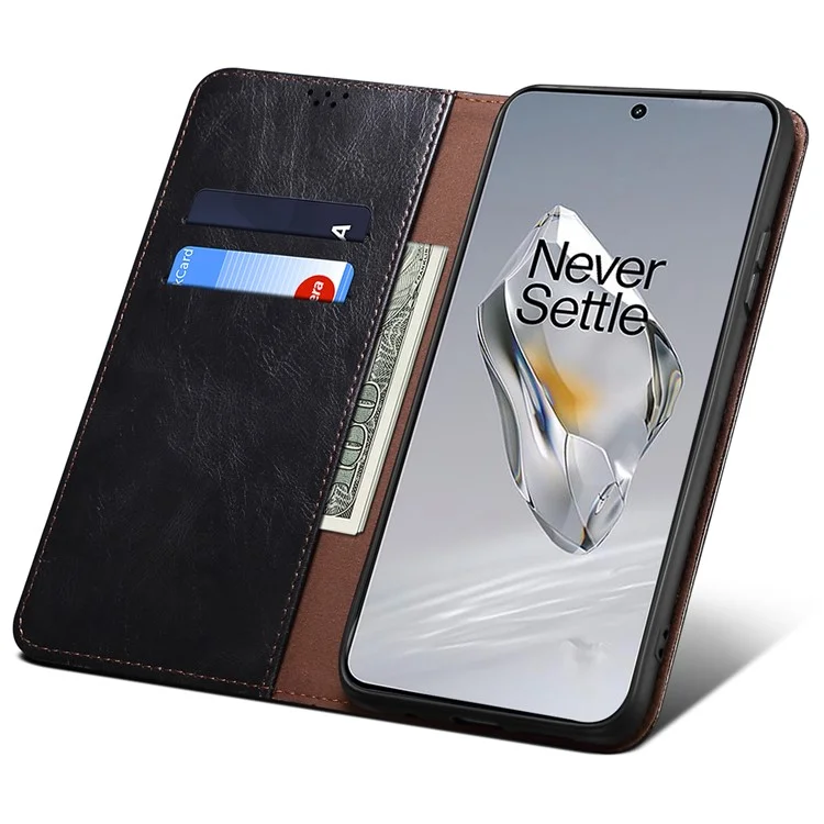 For OnePlus Ace 3 5G / 12R 5G Case Waxy Crazy Horse Texture PU Leather Cover Phone Wallet - Black