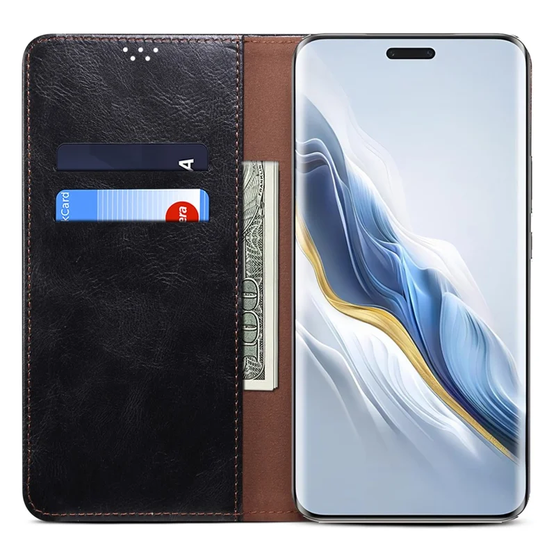 For Honor Magic6 5G Case PU Leather Wallet Phone Cover Waxy Crazy Horse Texture - Black