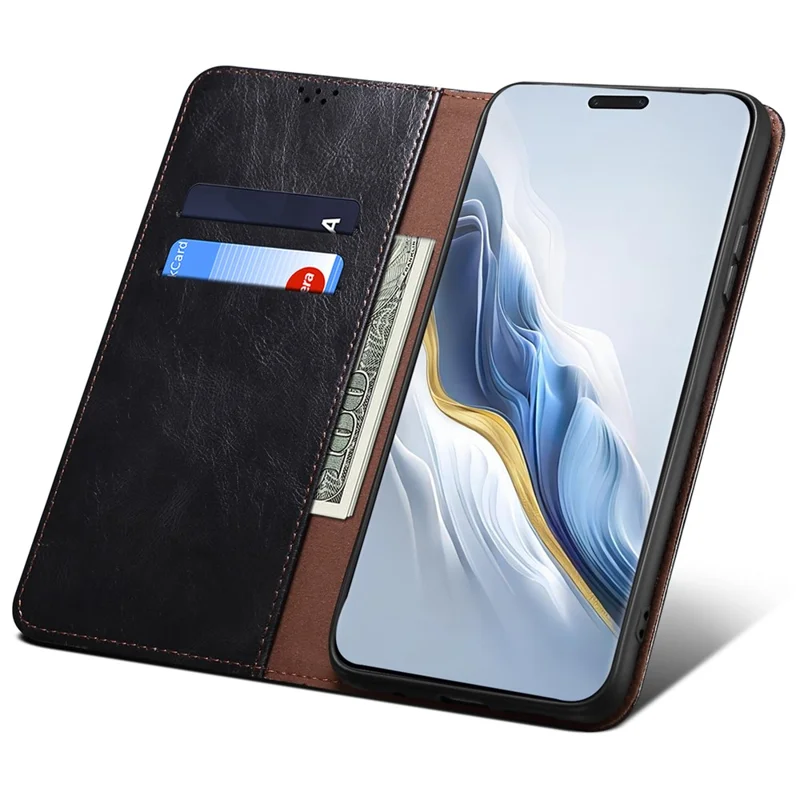 For Honor Magic6 5G Case PU Leather Wallet Phone Cover Waxy Crazy Horse Texture - Black