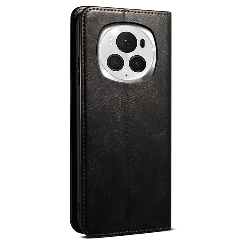 For Honor Magic6 5G Case PU Leather Wallet Phone Cover Waxy Crazy Horse Texture - Black