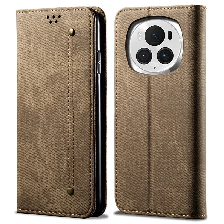 For Honor Magic6 Pro 5G Leather Case Wallet Phone Cover Jeans Cloth Texture - Khaki