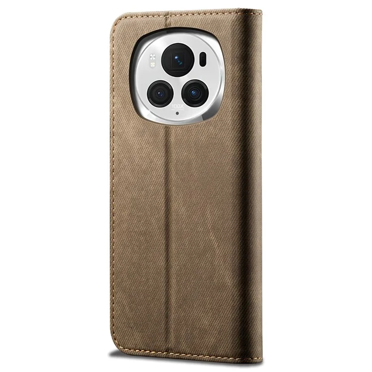 For Honor Magic6 Pro 5G Leather Case Wallet Phone Cover Jeans Cloth Texture - Khaki