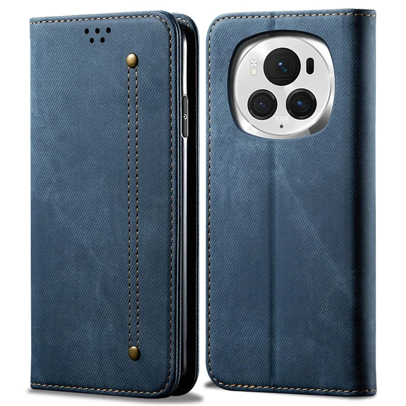 For Honor Magic6 Pro 5G Leather Case Wallet Phone Cover Jeans Cloth Texture - Blue