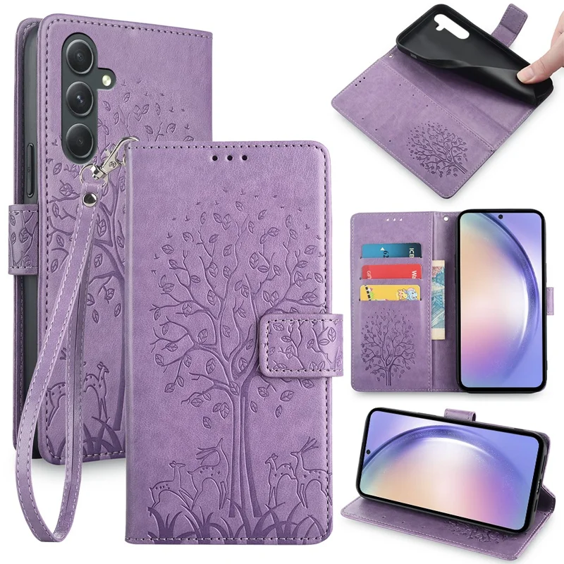 For Samsung Galaxy A54 5G Leather Case Magnetic Imprinted Deer Tree Pattern Phone Cover - Purple