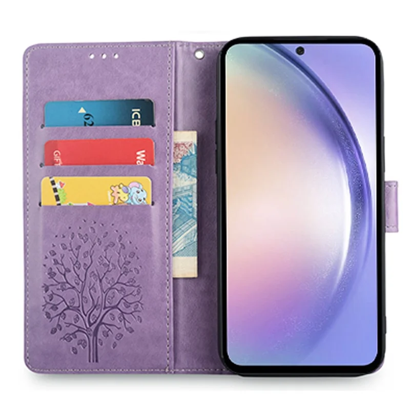 For Samsung Galaxy A54 5G Leather Case Magnetic Imprinted Deer Tree Pattern Phone Cover - Purple