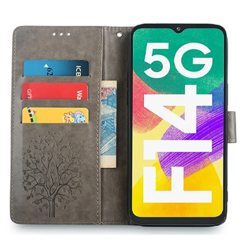 Para Samsung Galaxy F14 5G Case Impresso Padrão de Árvore de Cervo Capa Protetora com Alça de Pulso - Cinza