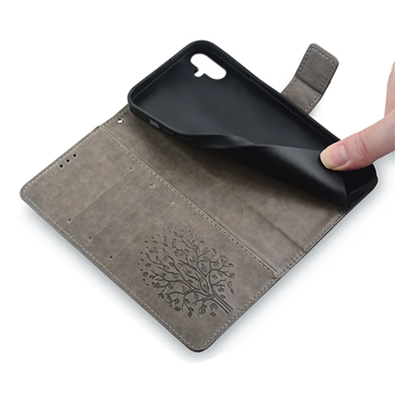 Para Samsung Galaxy F14 5G Case Impresso Padrão de Árvore de Cervo Capa Protetora com Alça de Pulso - Cinza