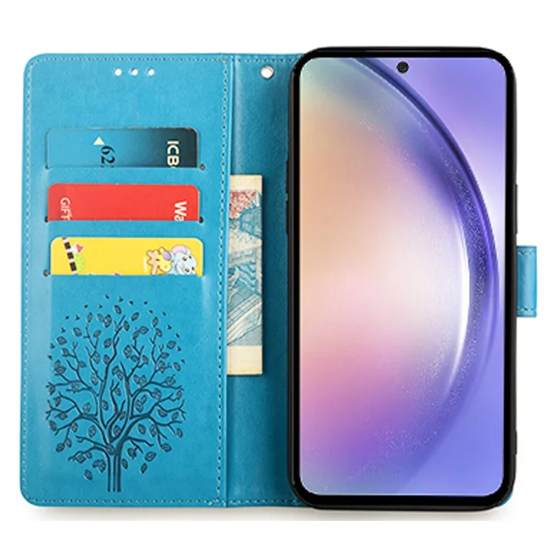 For Samsung Galaxy S23 Phone Case Imprinted Deer Tree Pattern 3 Card Slots Anti-drop Cover - Blue
