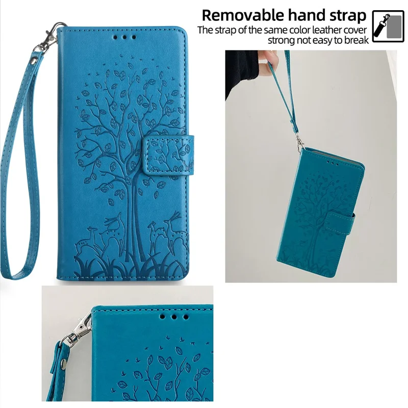 For Samsung Galaxy S23 Phone Case Imprinted Deer Tree Pattern 3 Card Slots Anti-drop Cover - Blue