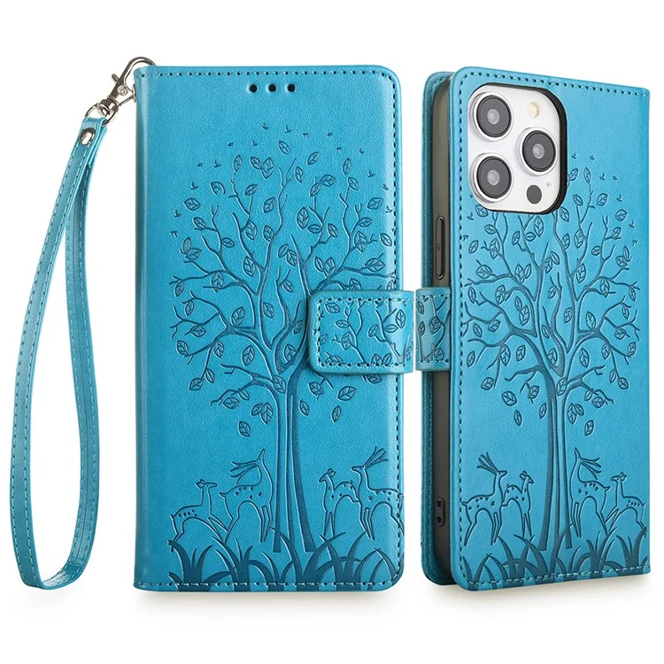 Für iPhone 14 Pro Max Case Magnetische PU-Leder+TPU bedruckte Telefonabdeckung mit Ständer - Blau