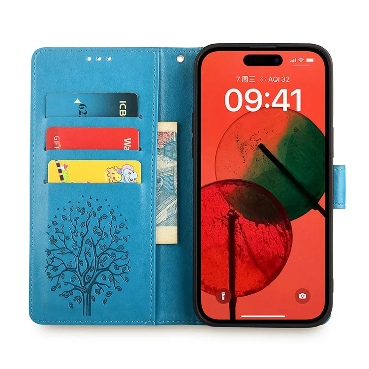 Für iPhone 14 Pro Max Case Magnetische PU-Leder+TPU bedruckte Telefonabdeckung mit Ständer - Blau