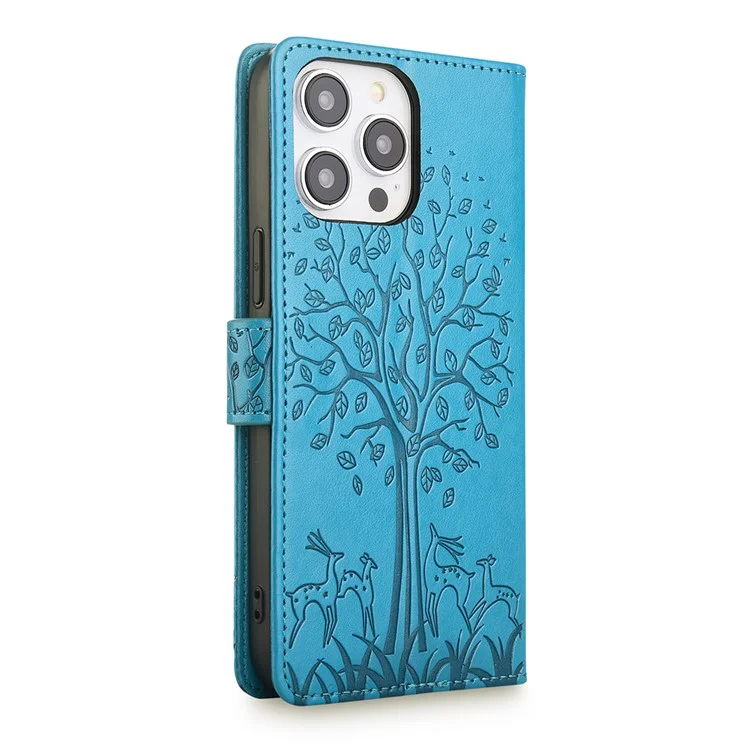 Für iPhone 14 Pro Max Case Magnetische PU-Leder+TPU bedruckte Telefonabdeckung mit Ständer - Blau