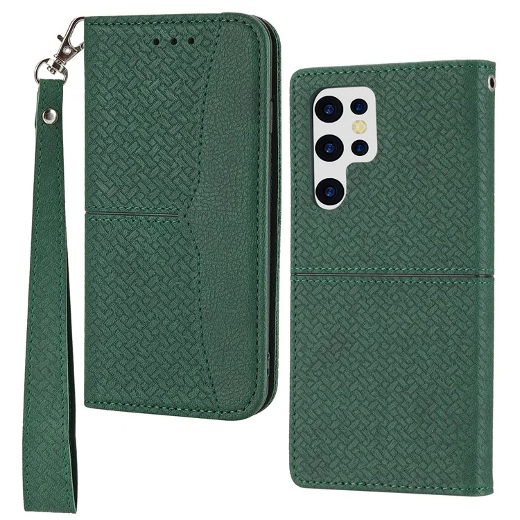 For Samsung Galaxy S24 Ultra Phone Case Woven Texture Leather Folio Wallet Cover - Green