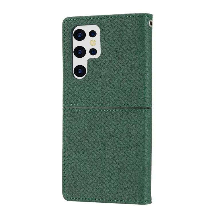 For Samsung Galaxy S24 Ultra Phone Case Woven Texture Leather Folio Wallet Cover - Green