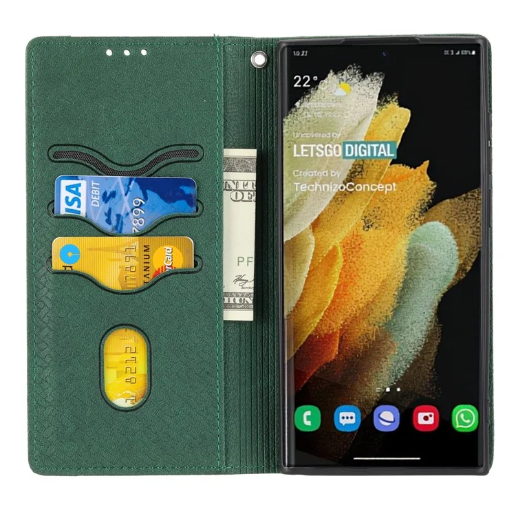 For Samsung Galaxy S24 Ultra Phone Case Woven Texture Leather Folio Wallet Cover - Green