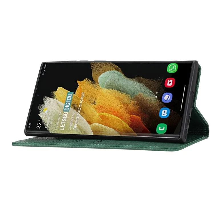 For Samsung Galaxy S24 Ultra Phone Case Woven Texture Leather Folio Wallet Cover - Green
