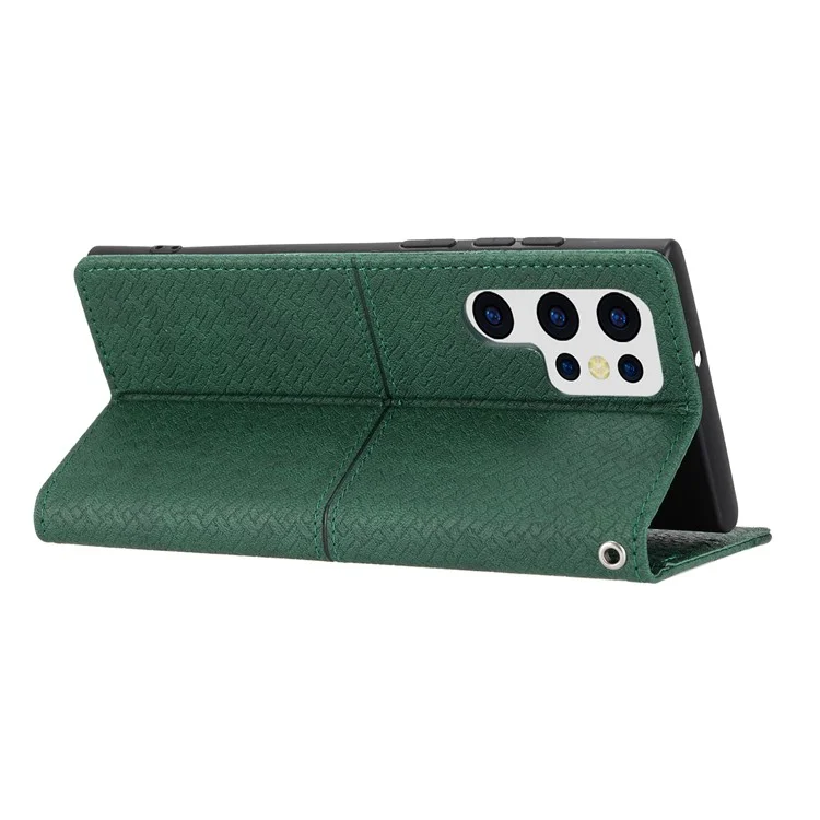 For Samsung Galaxy S24 Ultra Phone Case Woven Texture Leather Folio Wallet Cover - Green