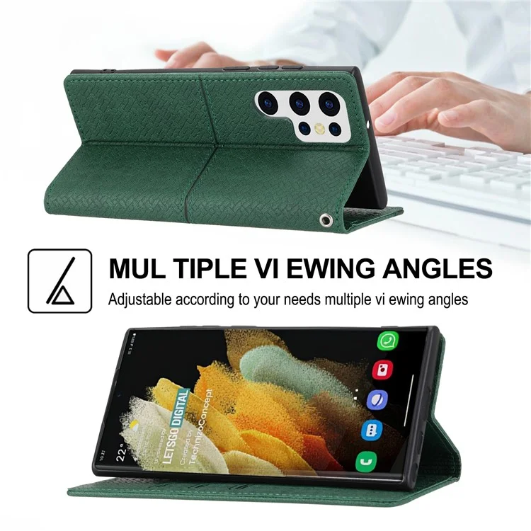 For Samsung Galaxy S24 Ultra Phone Case Woven Texture Leather Folio Wallet Cover - Green